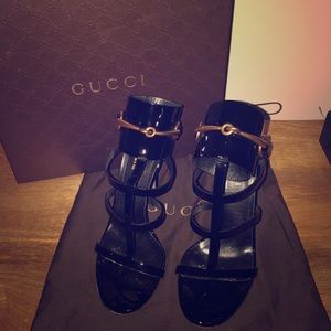 Gucci Ursula Patent Ankle-Wrap Cage Sandal